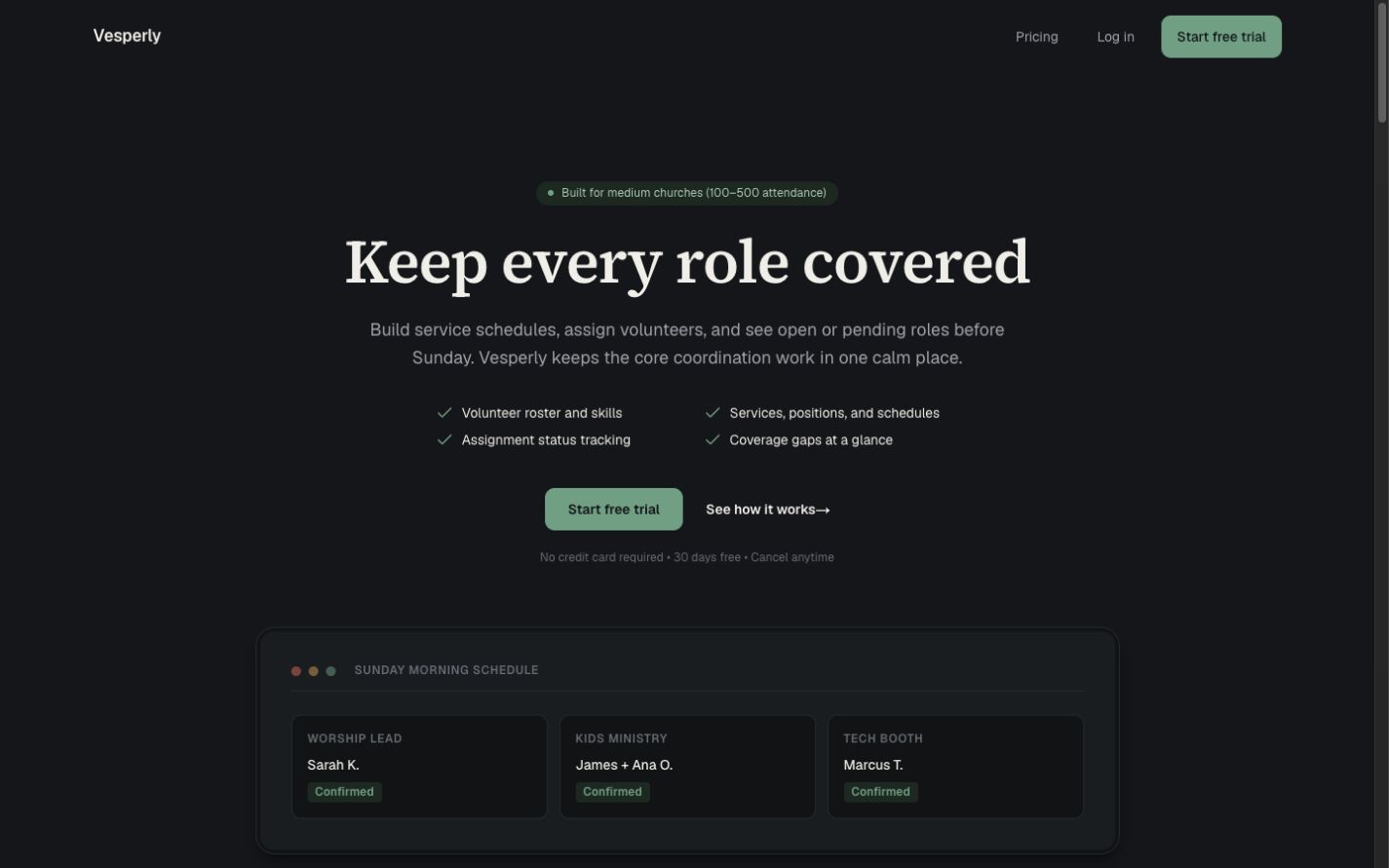 Vesperly volunteer scheduling interface